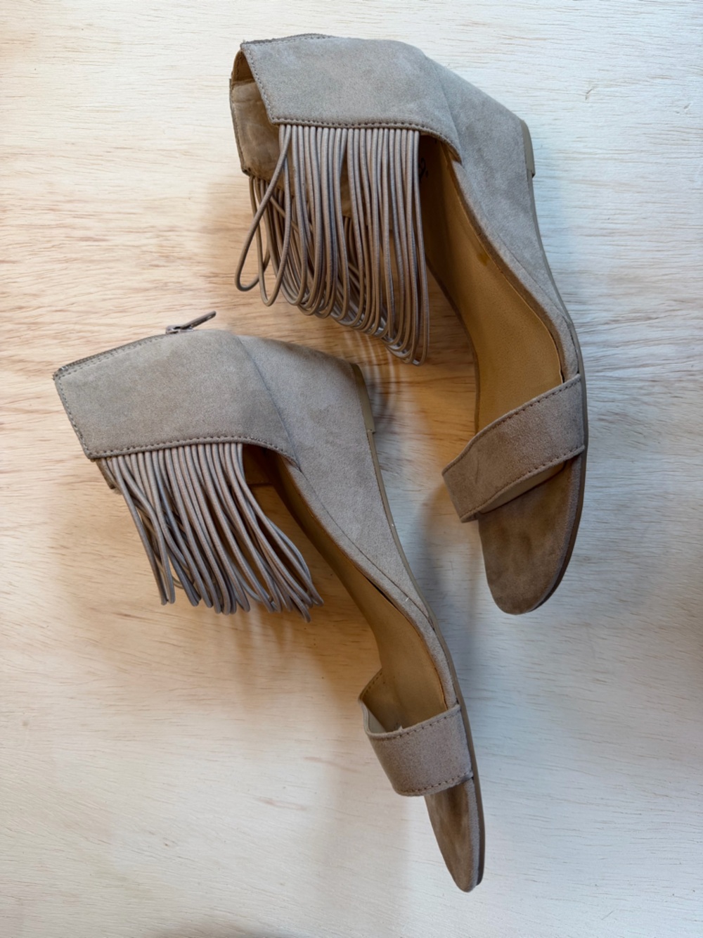 a.n.a Taupe Fringe Ankle-Wrap Wedge Sandals